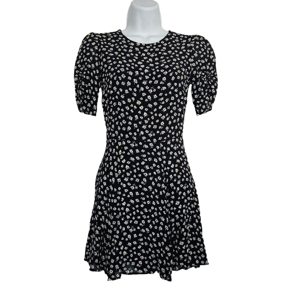 Reformation Floral Mini Dress Women Size 4 Puff Sleeve Fit Flare Black White